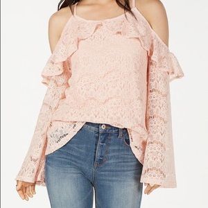 Pink Floral lace long sleeve Cold shoulder top